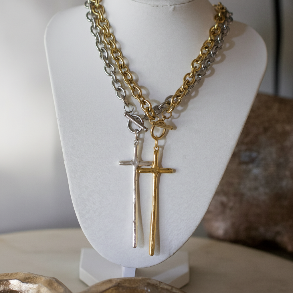 Elongated Cross Toggle Necklace  18K Non Tarnish  24K Gold Plated Pewter Pendant