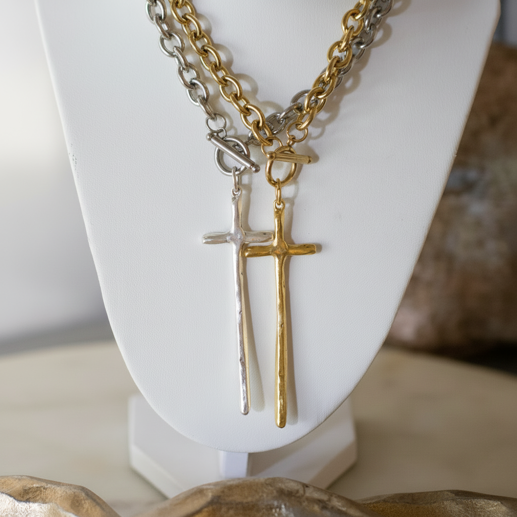Elongated Cross Toggle Necklace  18K Non Tarnish  24K Gold Plated Pewter Pendant