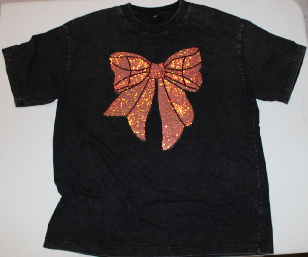 Vintage Washed Cotton Oversized Tee with Sequins Basketball Bow