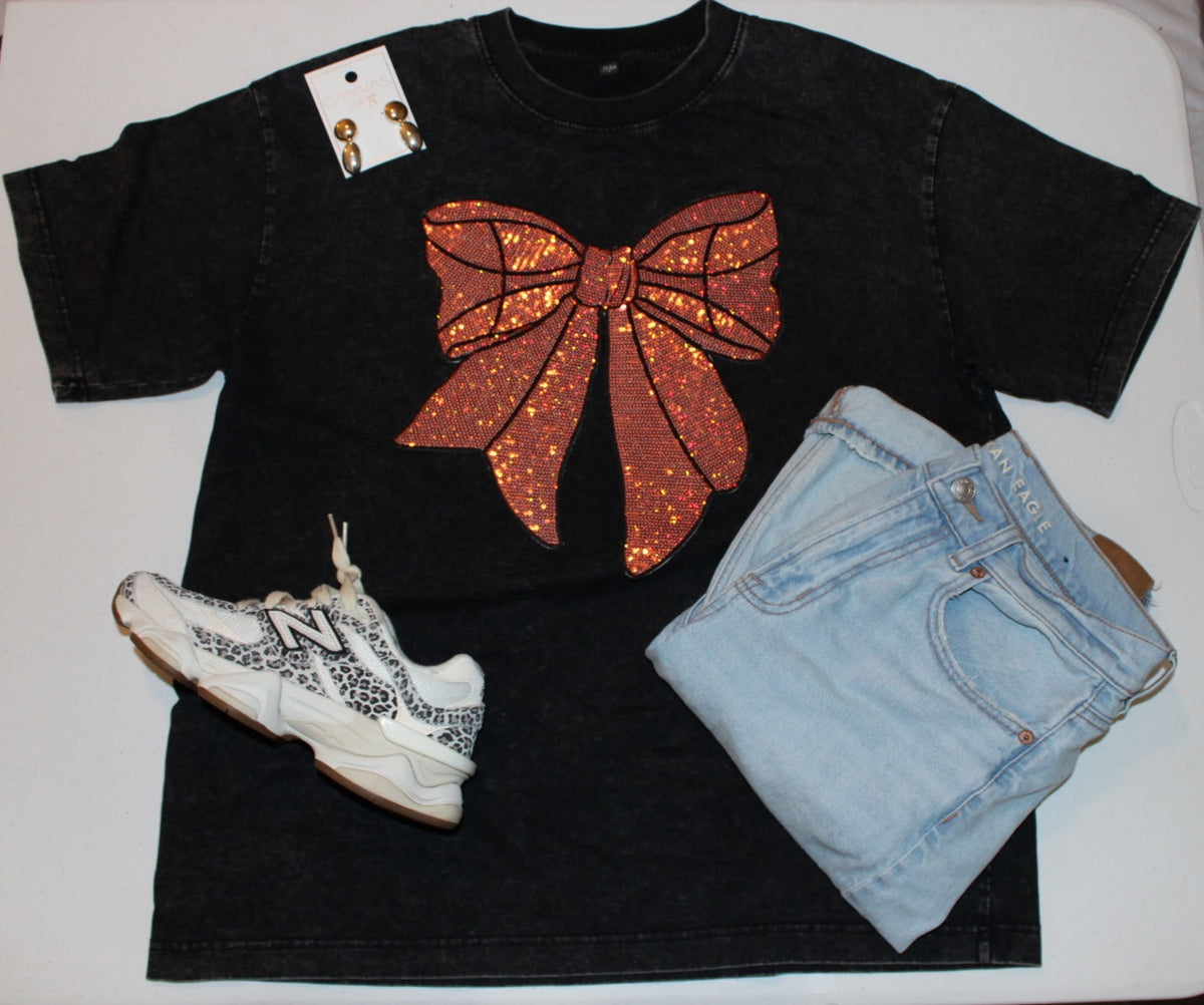 Vintage Washed Cotton Oversized Tee with Sequins Basketball Bow