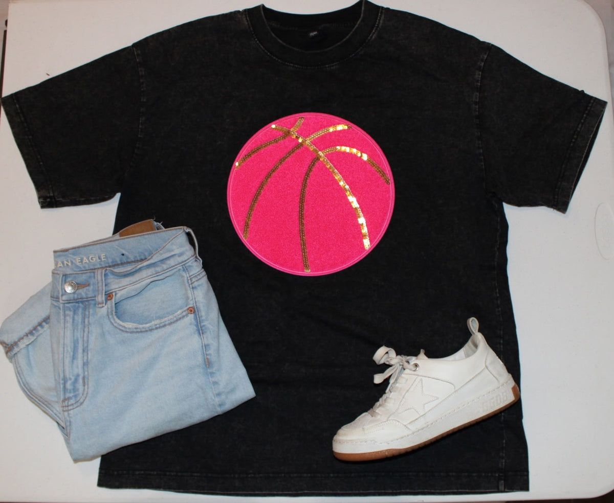 Vintage Washed Oversized Tee with Pink Basketball Patch