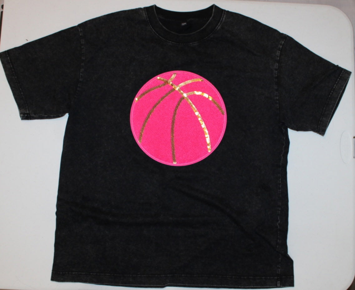 Vintage Washed Oversized Tee with Pink Basketball Patch
