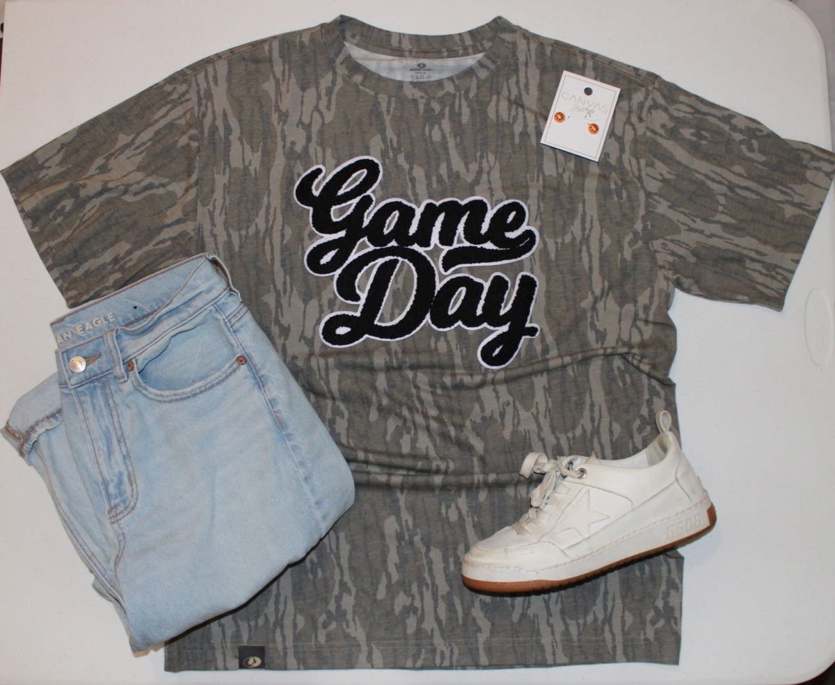 Mossy Oak Tee with a Black and White Chenille Patch